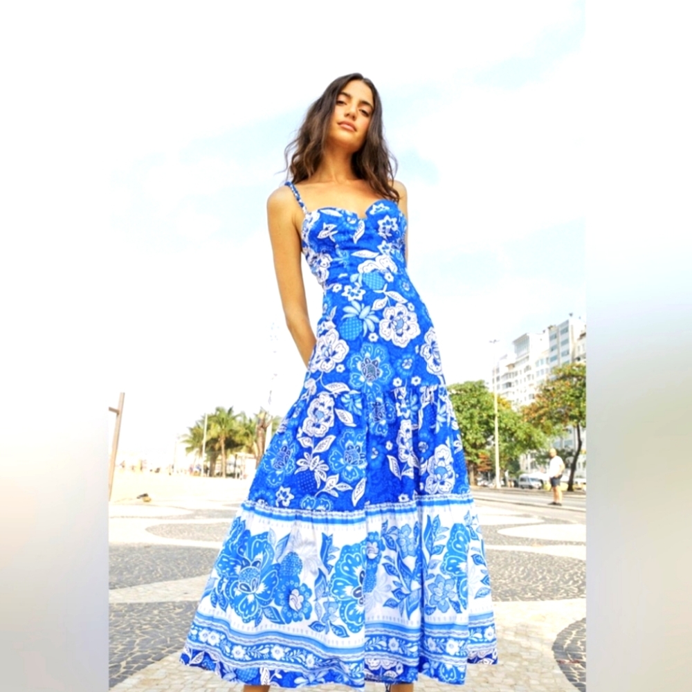 Farm Rio Blue Full of Flowers Cotton Midi Dress